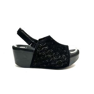 Vintage Y2K black cutout suede silver lined slingback platform wedge sandals